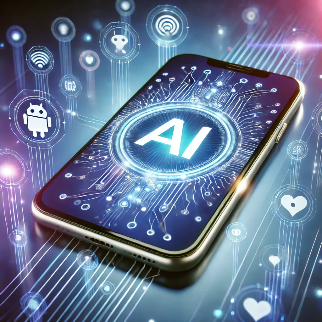 DALL·E 2025 02 05 12.21.58 A futuristic smartphone with glowing AI icons surrounding it representing artificial intelligence in mobile app development. The background is sleek 1 1