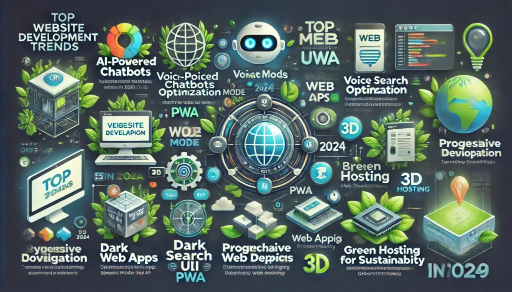 DALL·E 2025 02 05 12.35.21 A visually engaging infographic showcasing the top website development trends in 2024. The infographic includes AI powered chatbots voice search opti