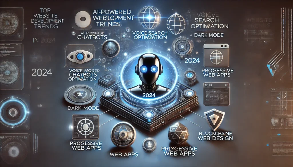 DALL·E 2025 02 05 12.35.34 A futuristic digital illustration showcasing top website development trends in 2024. The image includes AI powered chatbots voice search optimization 3